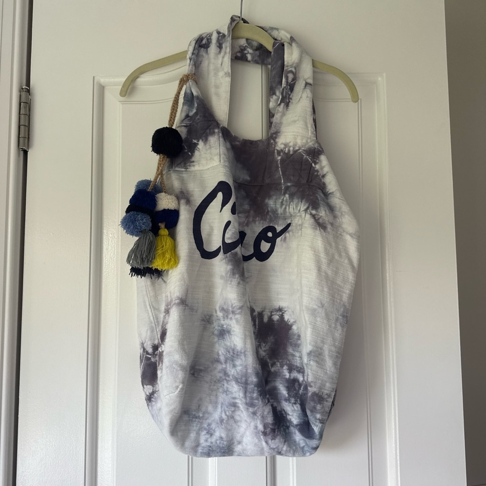 “Ciao” Sundry Tie-Dye Tote Bag w/ Pom Poms